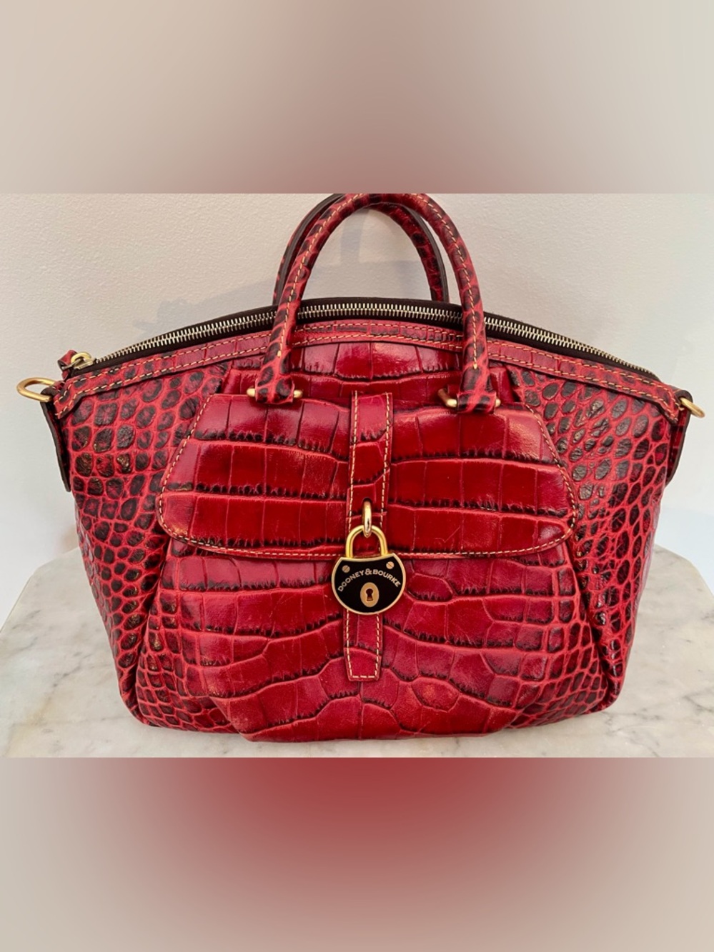 Dooney & Bourke Red Croc-Embossed Satchel with Gold Hardware